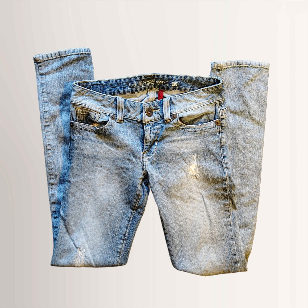 Guess Blue Straight Leg Jeans with Vintage Distressing